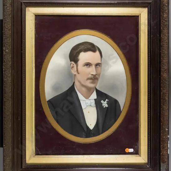 framed hand coloured photograph - portrait (damage to frame) H-360 W-290