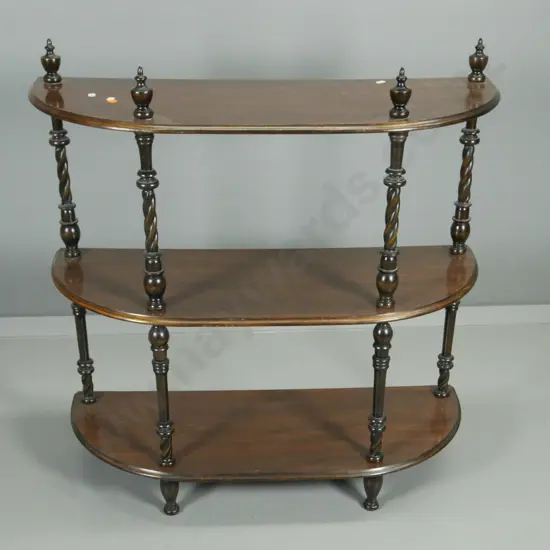 mahogany bow-front 3-tier whatnot with turned columns - hole drilled in top, finish needs attention H-820 W-790 D-300