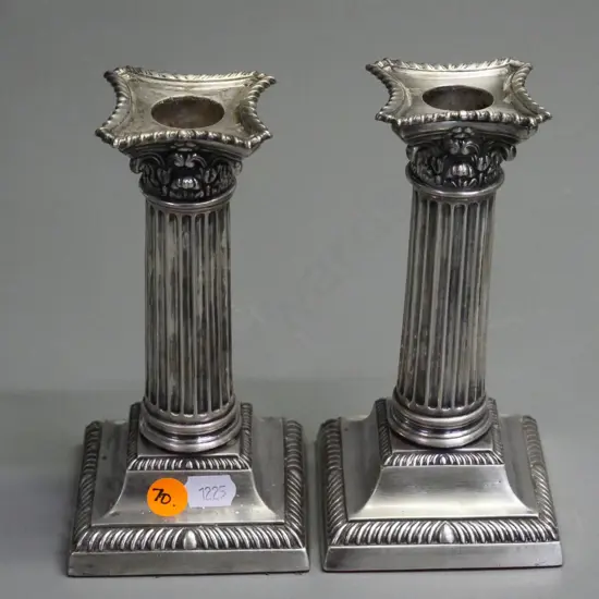 pair of silver plated column-stemmed candle holders H-160