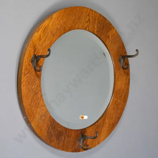circular oak framed wall mirror with coat hooks Diam-500