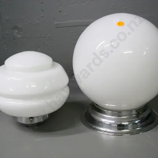 2 milk glass ceiling light shades with chrome journals. Larger globe is diameter 190