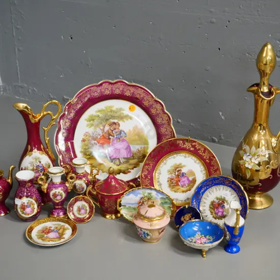 large collection of Limoges items - large plate is D-260 - and a red Venetian glass stoppered decanter H-330