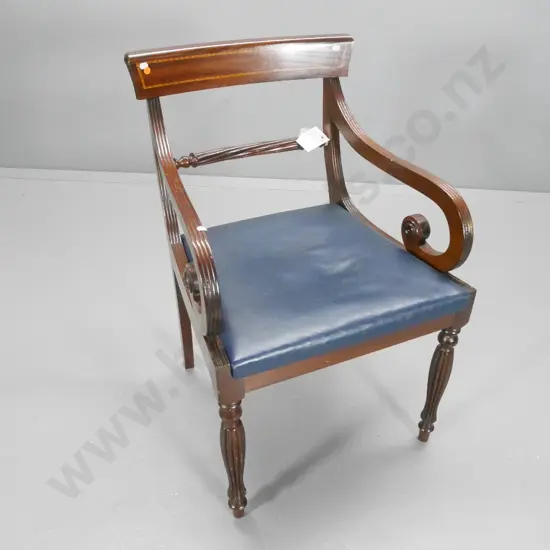 19th C leather & mahogany chair with inlaid back, carved scroll arms, fluted legs, rope twist rail H830 W520 D570