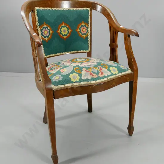 mahogany framed tub chair w/fretted sides, tapestry upholstered seat and back, wear to polish H830 W560 D460