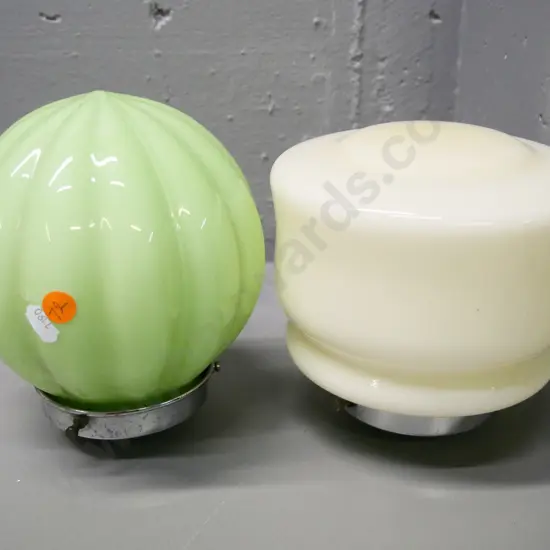 2 vintage glass ceiling light shades with chrome journals - taller one is H-180