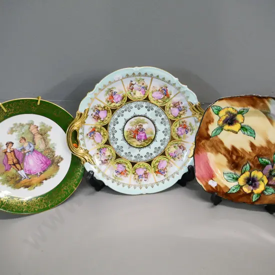 3 cabinet plates - German romance scene, Limoges, and a Tunstall 'Viola' pattern
