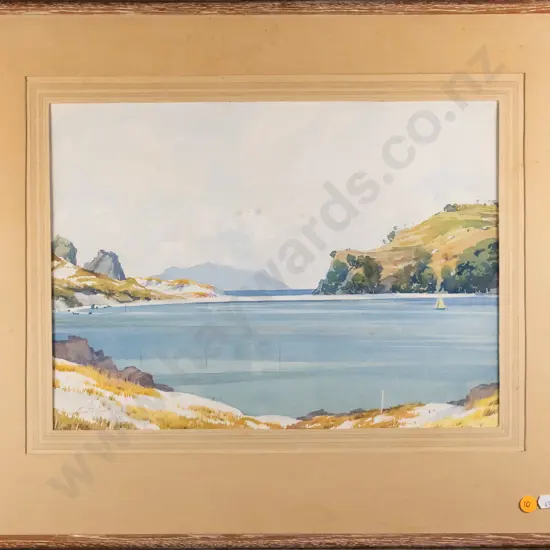 Charlton Edgar - framed watercolour - From Opoutere Lagoon to Mayor Island (slight foxing) H-270 W-380