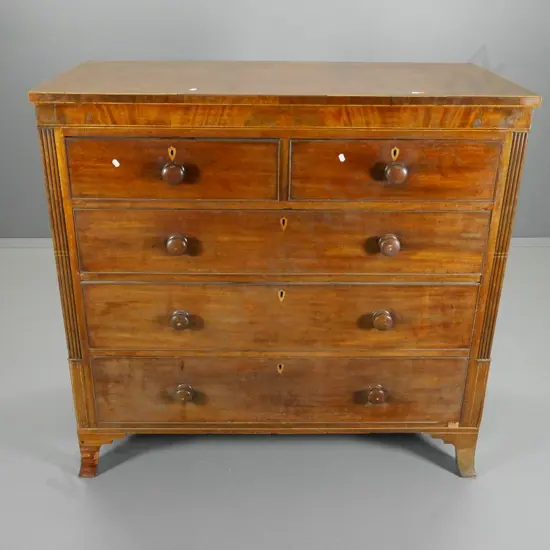 mahogany 5-drawer chest w/banded veneer on front - missing beading & piece on back at top H1110 W1150 D530