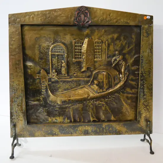 deco style heavily embossed brass fire guard with gondola scene H-750 W-700