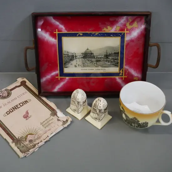souvenir ware - 1940 centenary salt & pepper, Dunedin 1925 exhibition book & tray (poor condition) Rotorua mustache cup