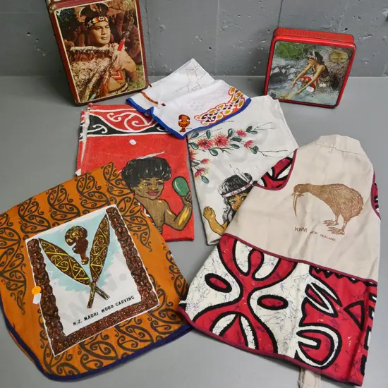 New Zealand souvenir ware - 2 aprons, 2 tea towels, handkerchief and 2 tins