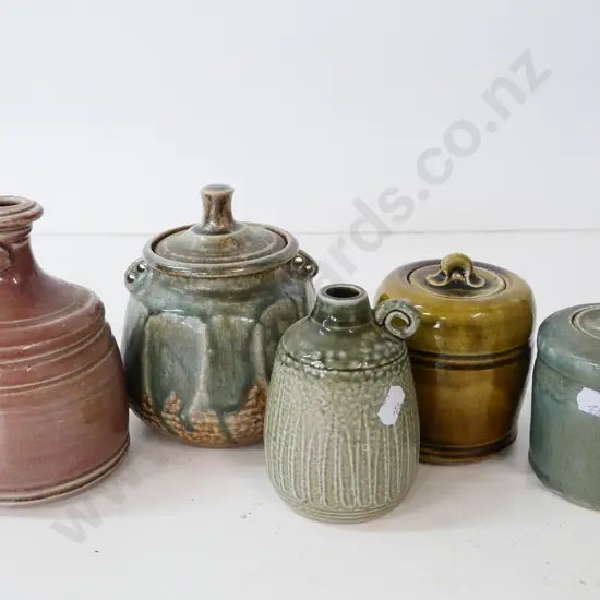 5 studio pottery pieces - 3 lidded canisters, 2 jugs/jars, only one has maker's mark - largest is H-140