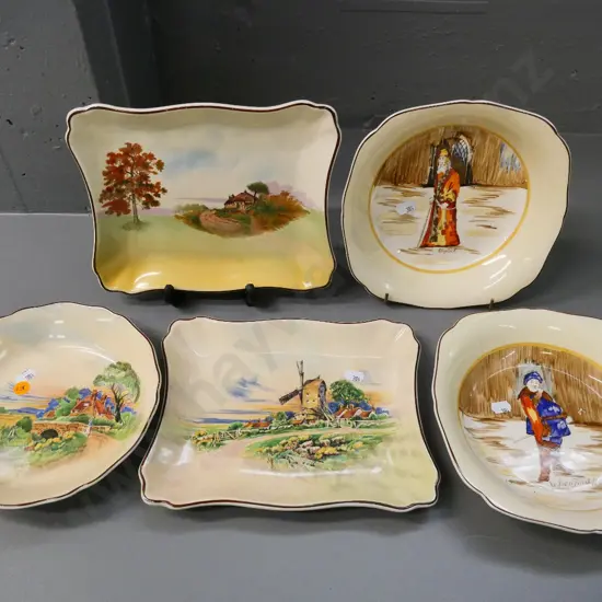 2 Tunstall Shakespeare bowls & 3 Royal Doulton items: English Cottages dish, Summertime in England bowl and dish