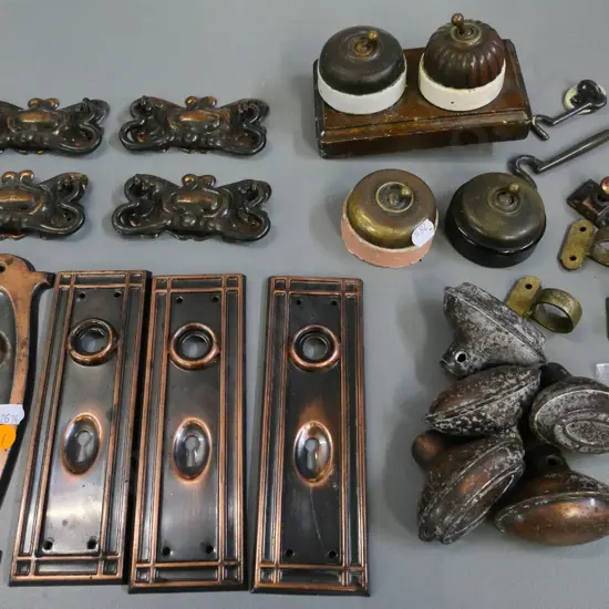 assorted vintage copper door plates, knobs, 4 drawer pulls, plus 4 vintage light switches, hooks, latches etc.