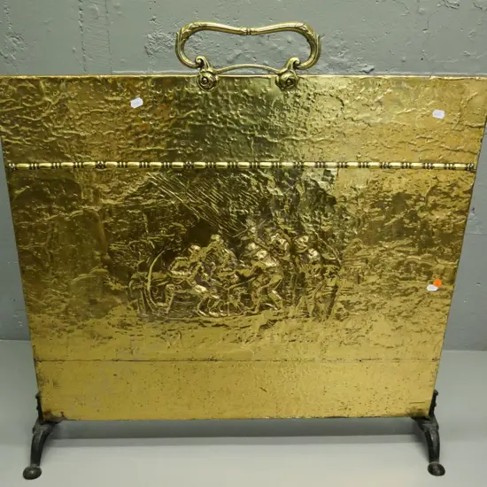 beaten brass fire screen with tavern scene with cast metal feet, brass top handles H-750 W-750