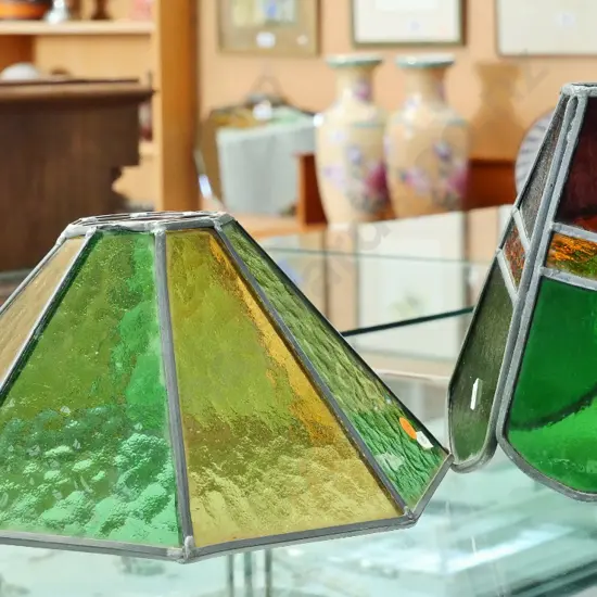 2 leadlight lamp shades - octagonal one H-170 D-330, other one H-230, missing centre fitting