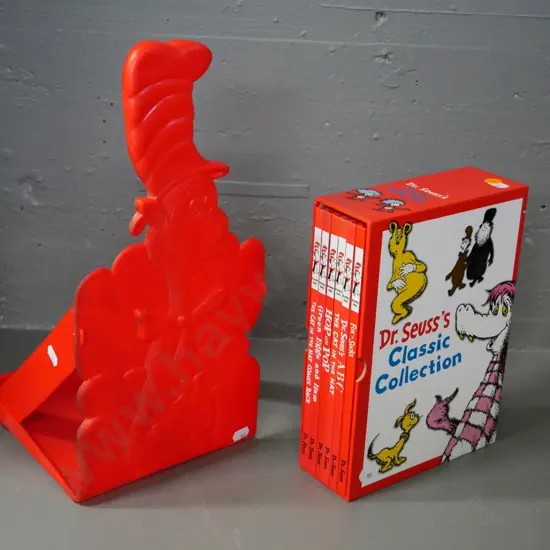 slip-cased set of Dr. Seuss's Classic Collection (pub. 2002) and a Cat In The Hat plastic book stand/holder