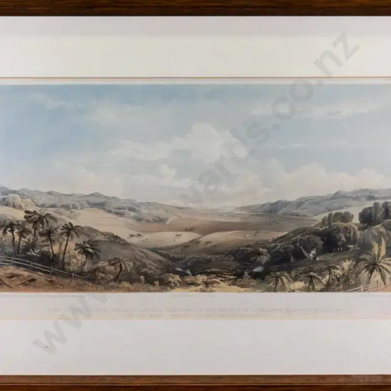 (reproduction?) framed lithograph - view of Wairoa Valley - artist F.R. Stack, pub. Day & Son H230 W420