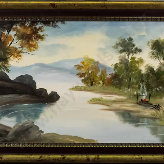 (D. Harford?) framed oil - lakeside whare scene H-235 W-620