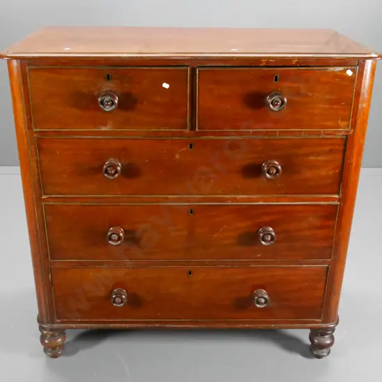 vintage mahogany 5-drawer chest w/turned wood handles, ball feet, key escutcheons, polish needs work H1070 W1050 D520