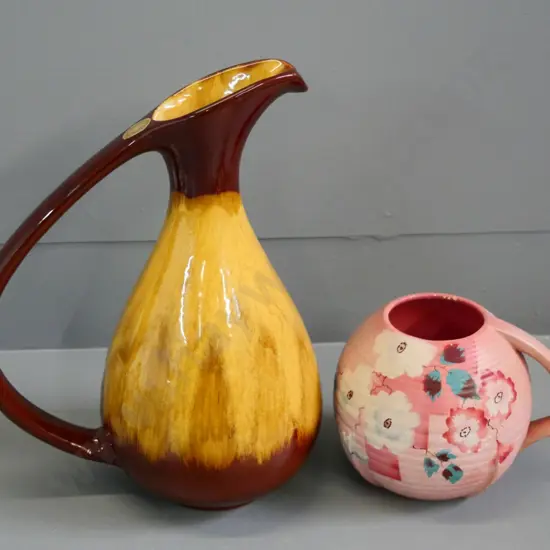 large Blue Mountain jug H-330 and a retro pottery ewer vase marked England No. 1150