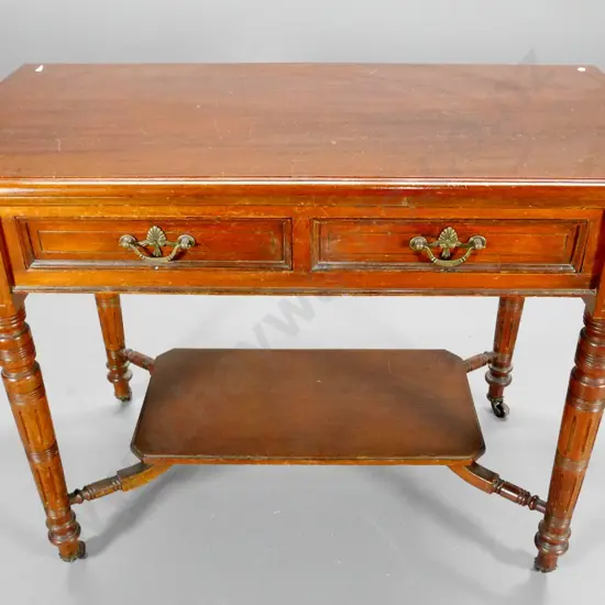 Victorian mahogany hall table w/2 drawers, dorp handles, bottom shelf, casters - polish needs attention H750 W1060 D550