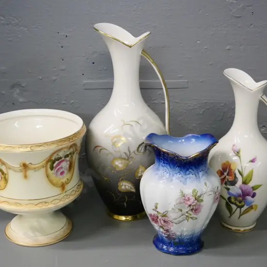 Ridgways Victorian toothbrush holder, Milford jardiniere (crazing) and 2 European floral jugs, taller is H-290