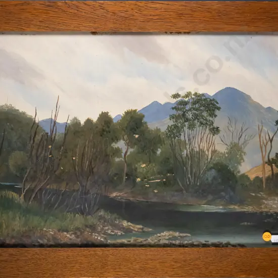 framed oil - river and mountain scene H-340 W-490