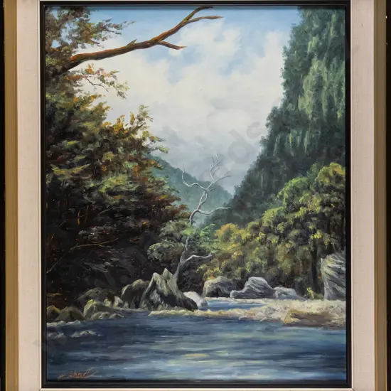 A Short - framed oil on board - bush and rive scene H-480 W-385