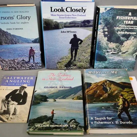 6 New Zealand fishing books - Parsons x 2, McInnis, Sutherland, Ferris, Doogue