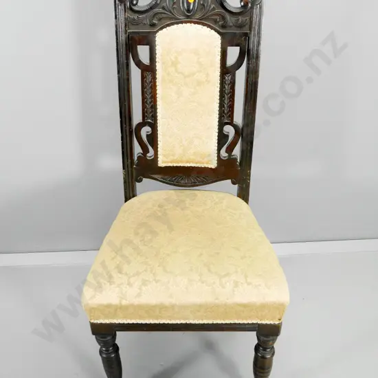 vintage New Zealand beech hall chair w/high carved back, upholstered seat and back panel, some joint looseness H1110