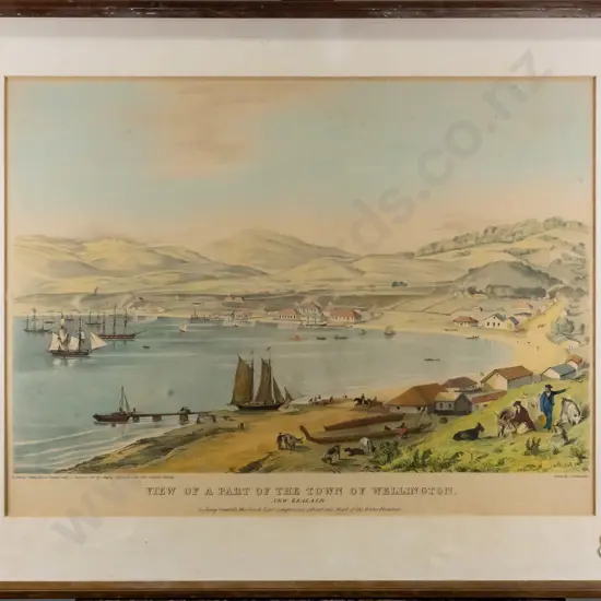 (reproduction?) framed lithograph - view of Wellington, from drawing by C. Heaphy - marks under glassH230 W420