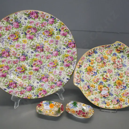 4 pieces of all-over-floral china - 3 Royal Winton, largest plate D-270, smaller plate unknown mark