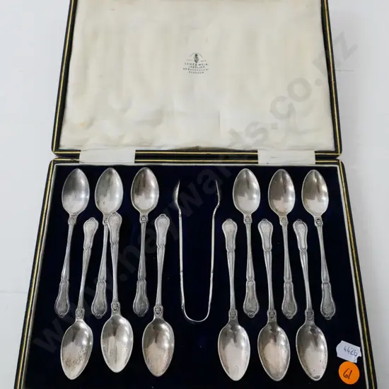 cased set of 12 sterling silver teaspoons with sugar tongs