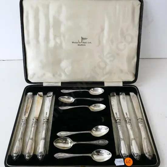 cased set of sterling silver teaspoons and dessert knives - missing sugar tongs