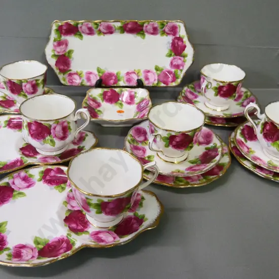 Royal Albert Old English Rose china: 3 trios, 3 tennis sets, sandwich plate and sweet dish