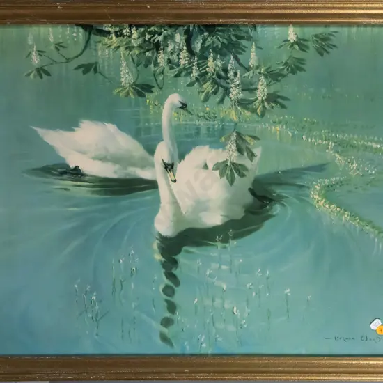 gilt framed Vernon Ward swan print - "Harmony of Spring" - scratches to frame H495 W600