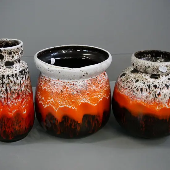 3 Blue Mountain trickle glaze pottery items - plant pot Diameter 170 and 2 vases, taller is H-210