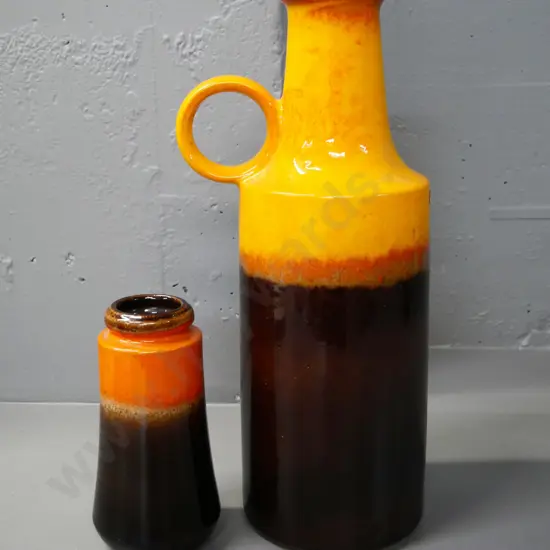 2 brown and orange high-glaze German pottery vases - taller is H-410