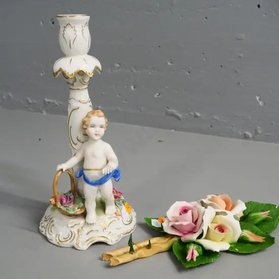 Capodimonte rose posie and a Naples royal factory figural candlestick H-240