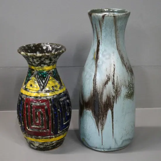 Blue Mountain pottery grey-blue and brown vase H-250 and a retro incised hand-painted & mottled vase, no makers marks