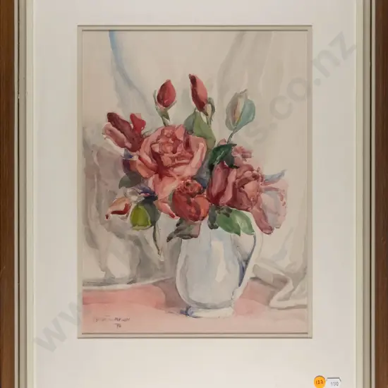 Myra Thompson - framed watercolour - still life roses H-360 W-270