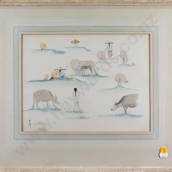 "Greta Graetzer" - framed watercolour - southeast asian farming vignettes H-210 W-280