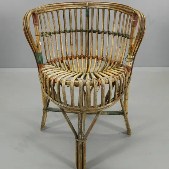 vintage cane occasional tub shaped chair - some loose binding, a bit wobbly, polish needs work H760 W560 D530