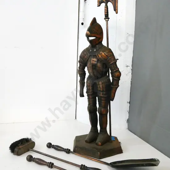 copper finish cast metal fireside set - knight in armour stand - brush in poor condition, poker has broken tip H-760