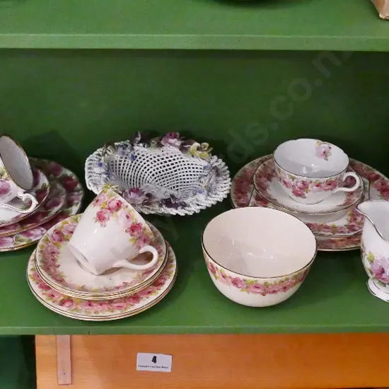 Royal Doulton rose pattern and Royal Albert Old English Rose items plus American Beauty jug, Adderley basket, etc.