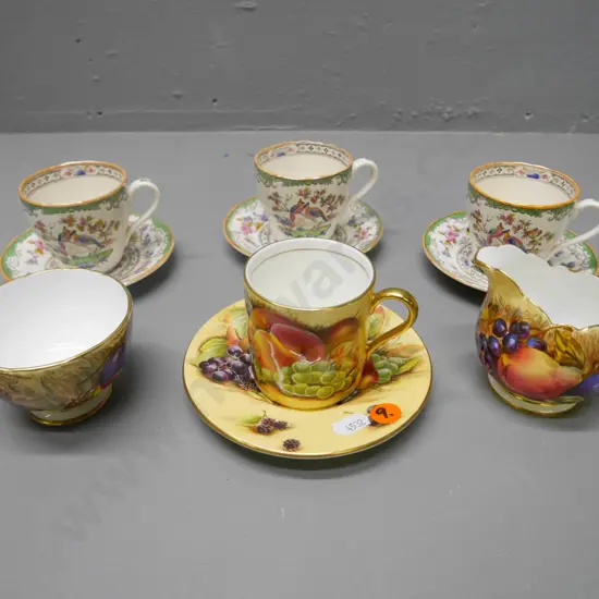 3x Spode Copeland demi-tasse cups and saucers, Aynsley orchard gold cup, saucer, creamer and sugar