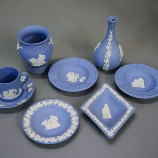 collection of small Wedgwood light blue Jasperware - demi-tasse cup & saucer, 2 vases, 2 ashtrays, 2 dishes
