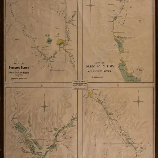framed vintage map - Map of Dredging Claims on Clutha and Molyneux Rivers H-840 W-550 (some creasing & fading)