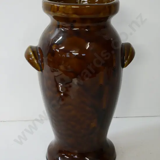 large studio pottery brown stipple glaze handled vase H-400 D-260